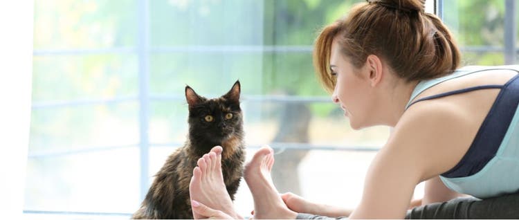 A woman in a yoga pose with her cat.