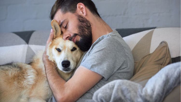 A man hugs his pet dog on the couch.