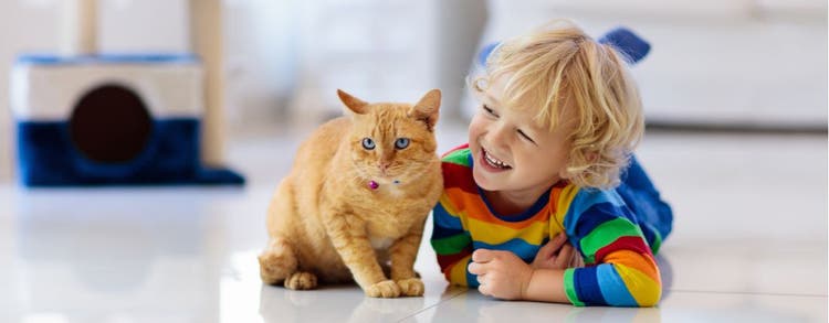 A boy and his cat play on the floor.