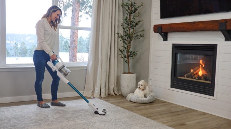 A person vacuuming a carpet with a dog Description automatically generated